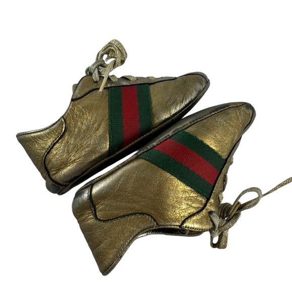 GUCCI Gold Leather Web Low Top Baby Sneakers Made in Italy Marked as 19 - 3.5 US - Picture 9 of 11